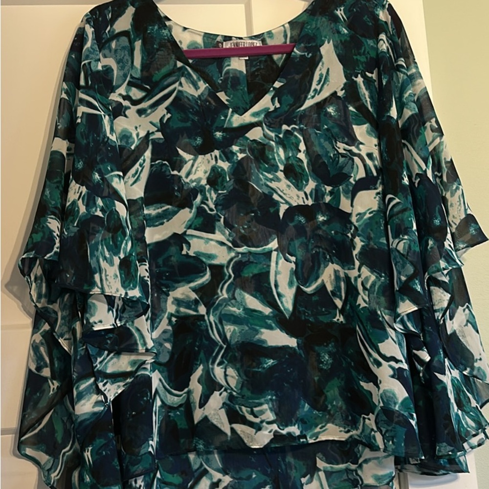 Jennifer Lopez Teal Navy Abstract Layered Blouse